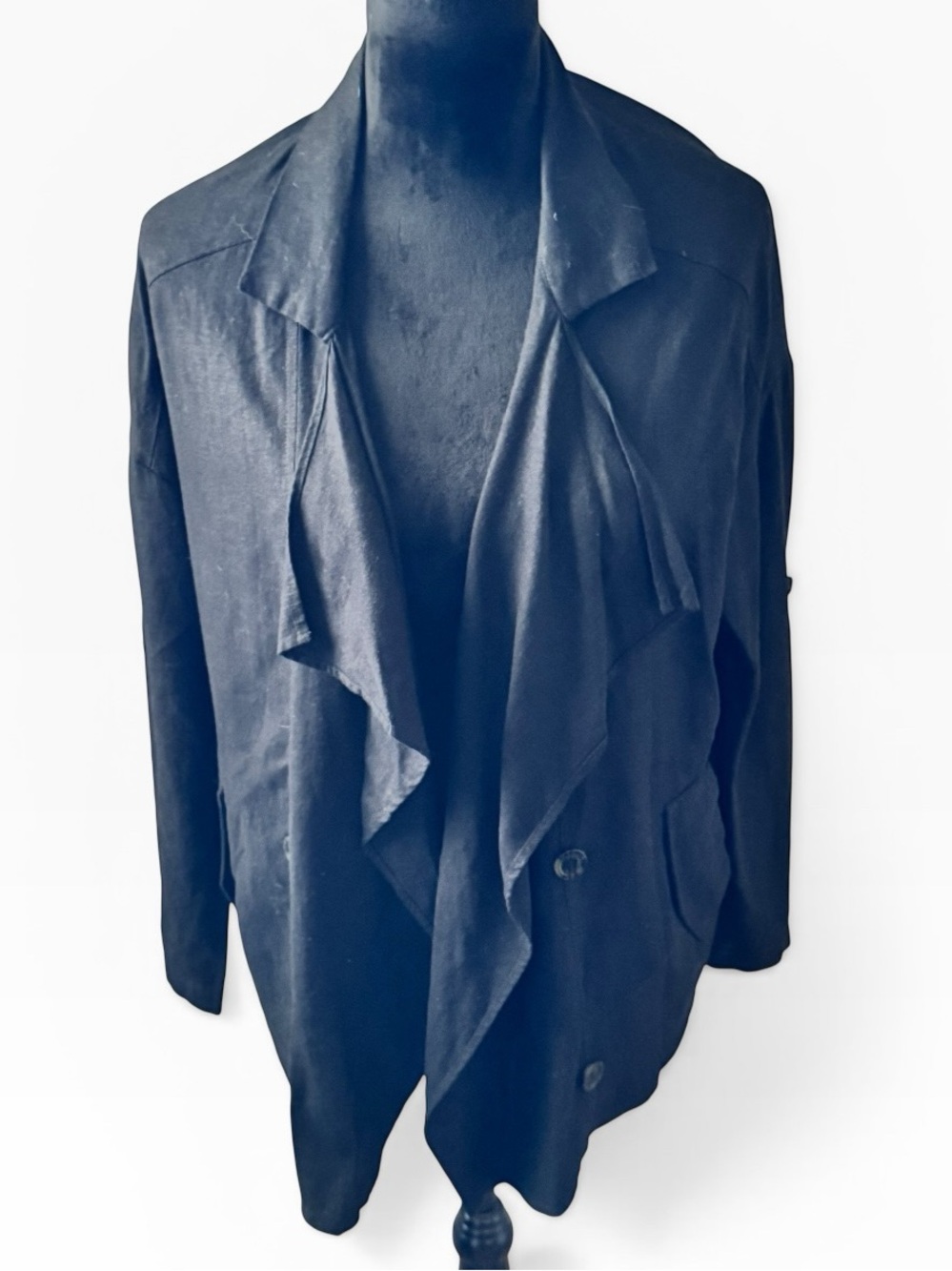 Love Tree Women’s Draped Open Front Jacket - Black‎ linen blend Sz S